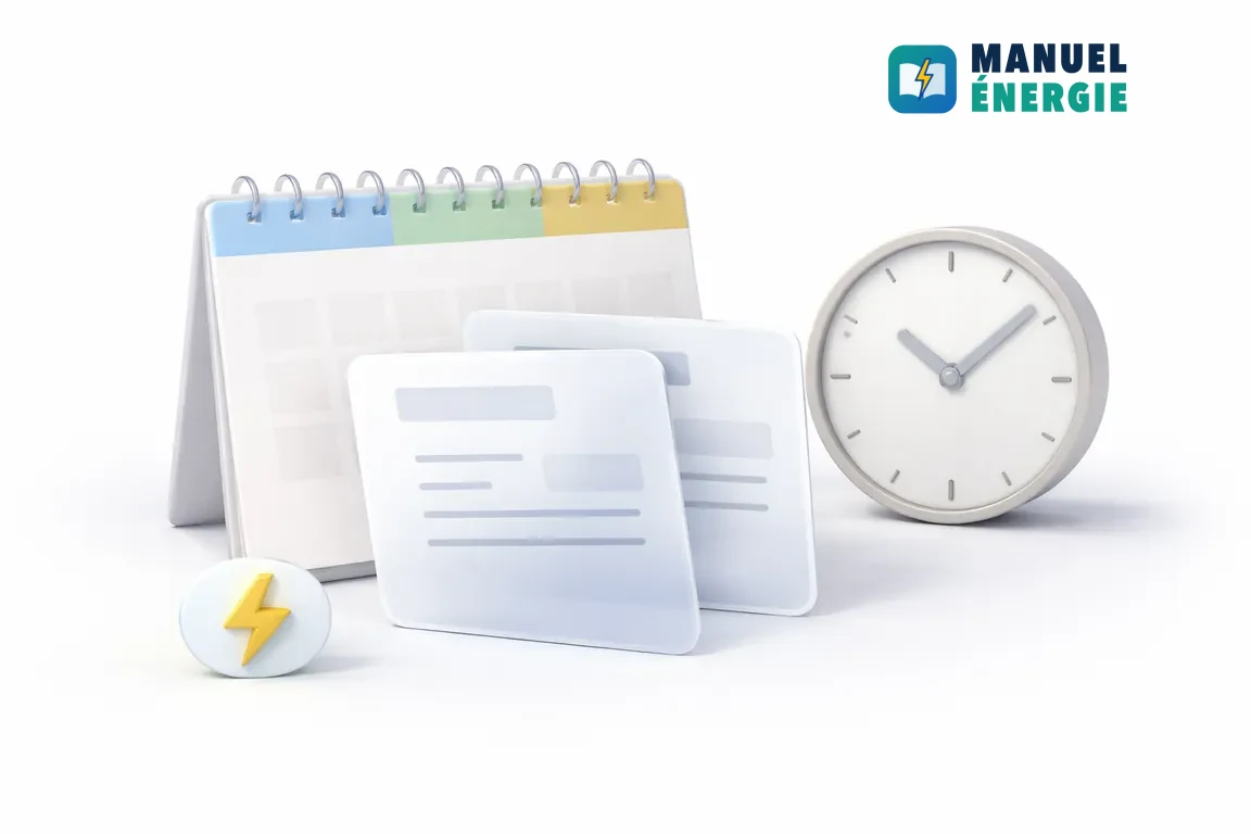 Calendrier sans chiffres et contrats superposés avec horloge, illustrant le tuilage 24–48 h pour éviter la coupure