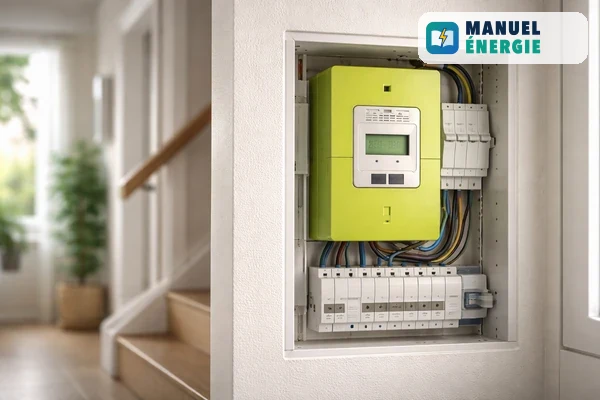 Compteur électrique communicant vert installé dans un coffret mural d’entrée, intérieur de maison, vue réaliste
