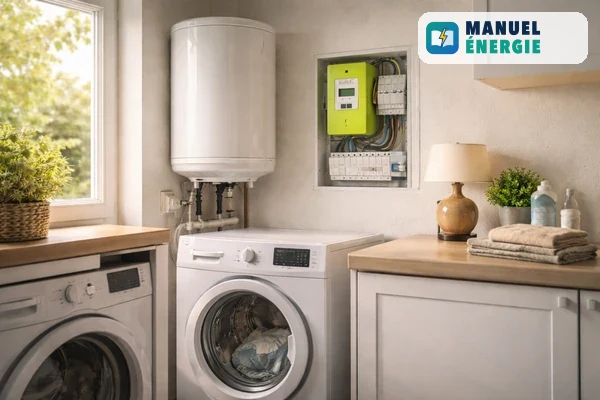Buanderie avec lave-linge et chauffe-eau, compteur communicant vert près du tableau électrique, ambiance domestique