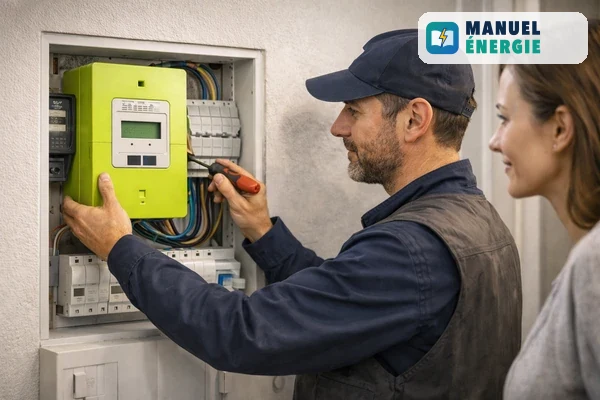 Technicien électricien installant un compteur électrique communicant vert dans un coffret mural d’un logement