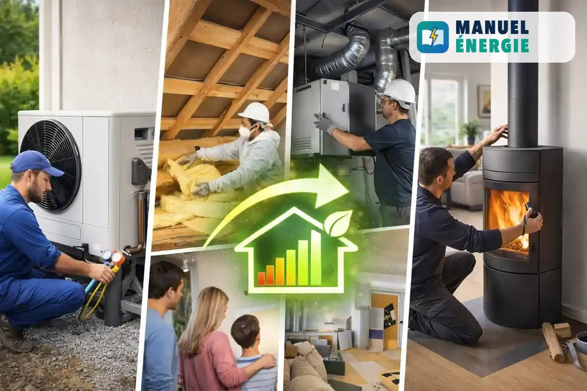 Travaux éligibles MaPrimeRénov 2026 avec pompe à chaleur isolation ventilation et poêle à bois