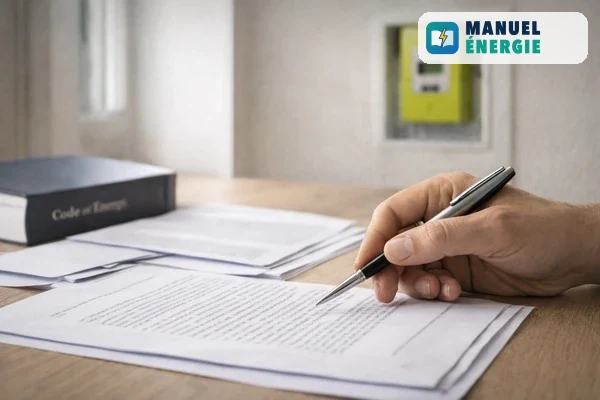 Documents juridiques sur un bureau avec main pointant un paragraphe, compteur communicant vert flou au mur en arrière-plan