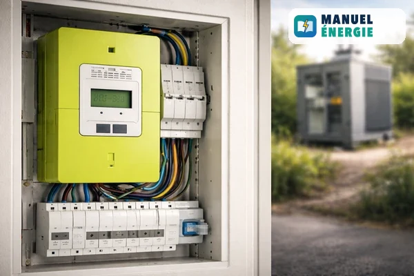 Gros plan d’un compteur communicant vert dans un coffret électrique, câbles visibles, transformateur de quartier flou en arrière-plan