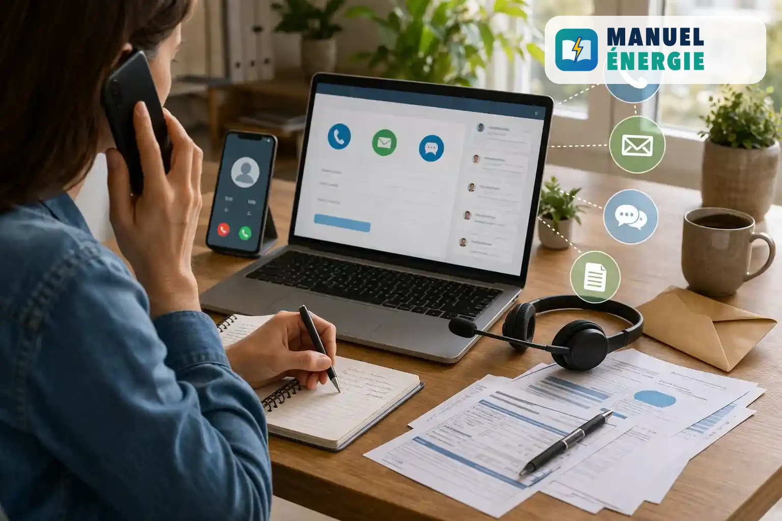 Service client Engie illustré avec téléphone, formulaire en ligne, documents papier et assistance multicanale