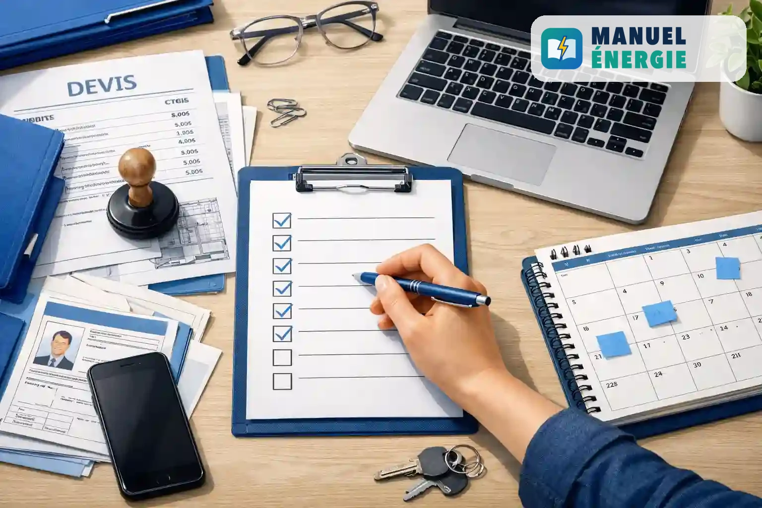 Checklist des démarches pour aides à la rénovation avec documents, devis et planification sur bureau organisé
