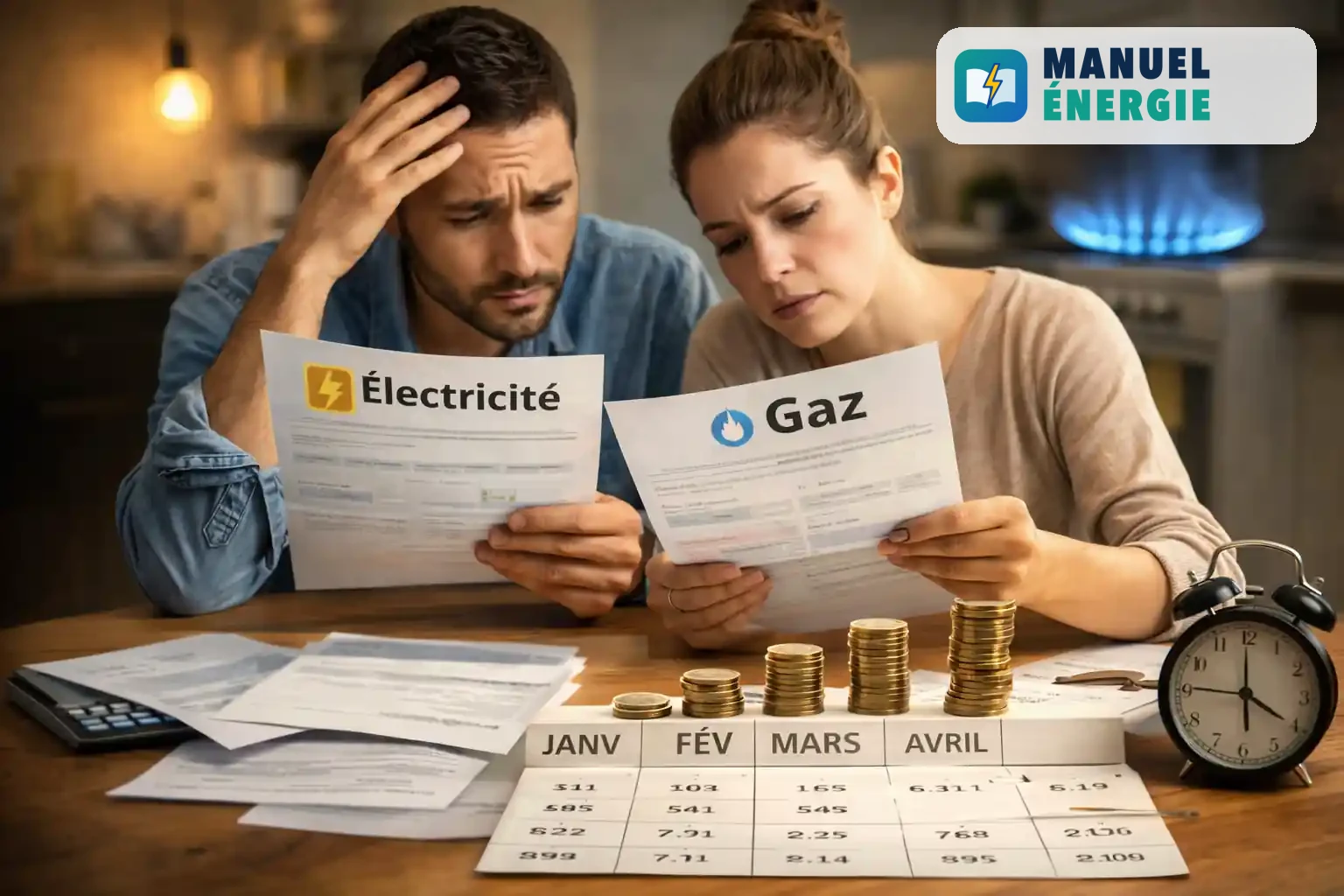 Couple consultant une facture d’électricité et de gaz pour demander un échéancier de paiement auprès du fournisseur d’énergie