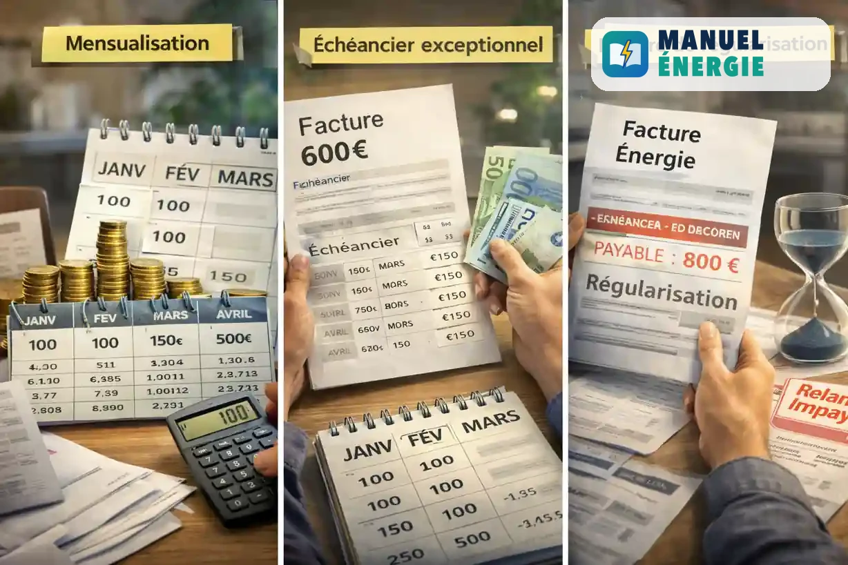 Comparaison visuelle entre mensualisation, échéancier exceptionnel et facture de régularisation pour une facture d’énergie