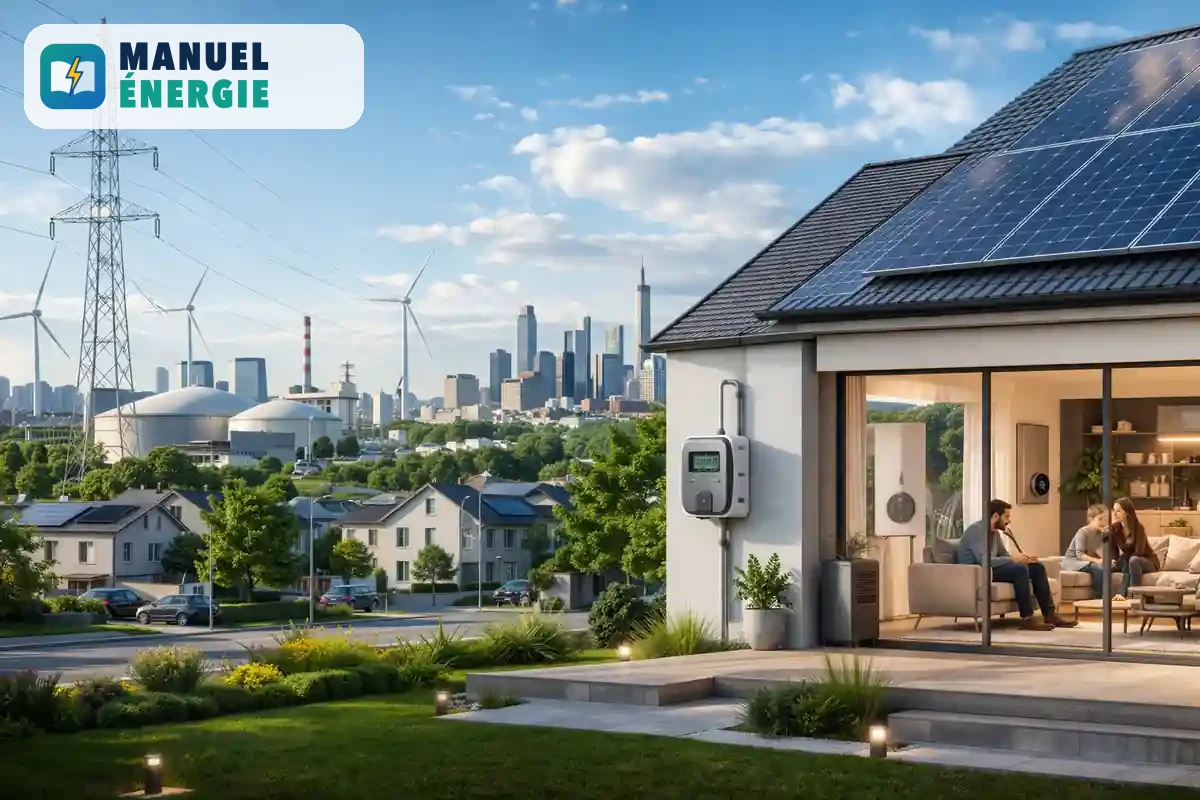 Maison contemporaine et infrastructures énergétiques illustrant Engie, fournisseur historique d’énergie en France