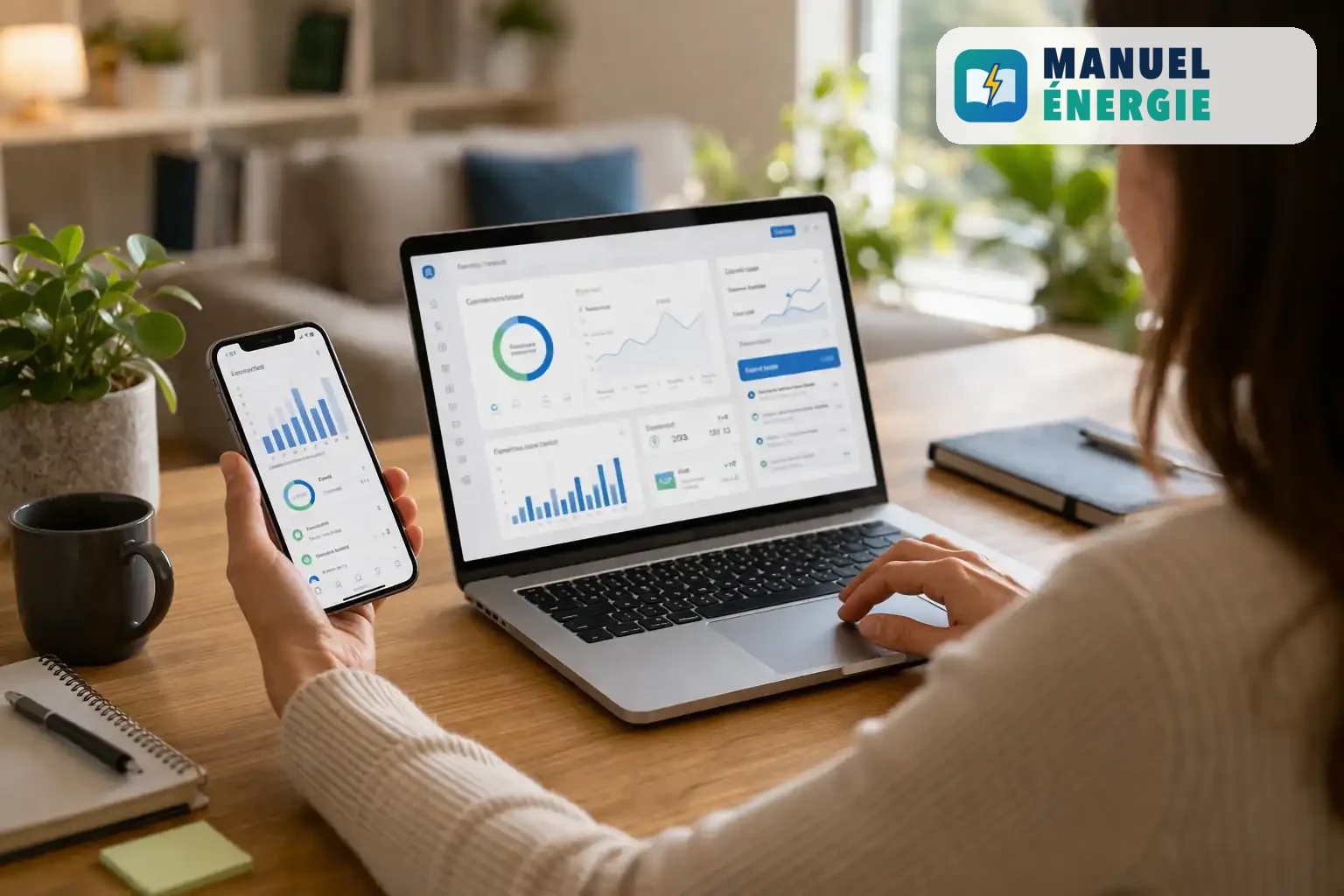 Espace client Engie consulté sur ordinateur et smartphone pour gérer contrat, factures et suivi de consommation
