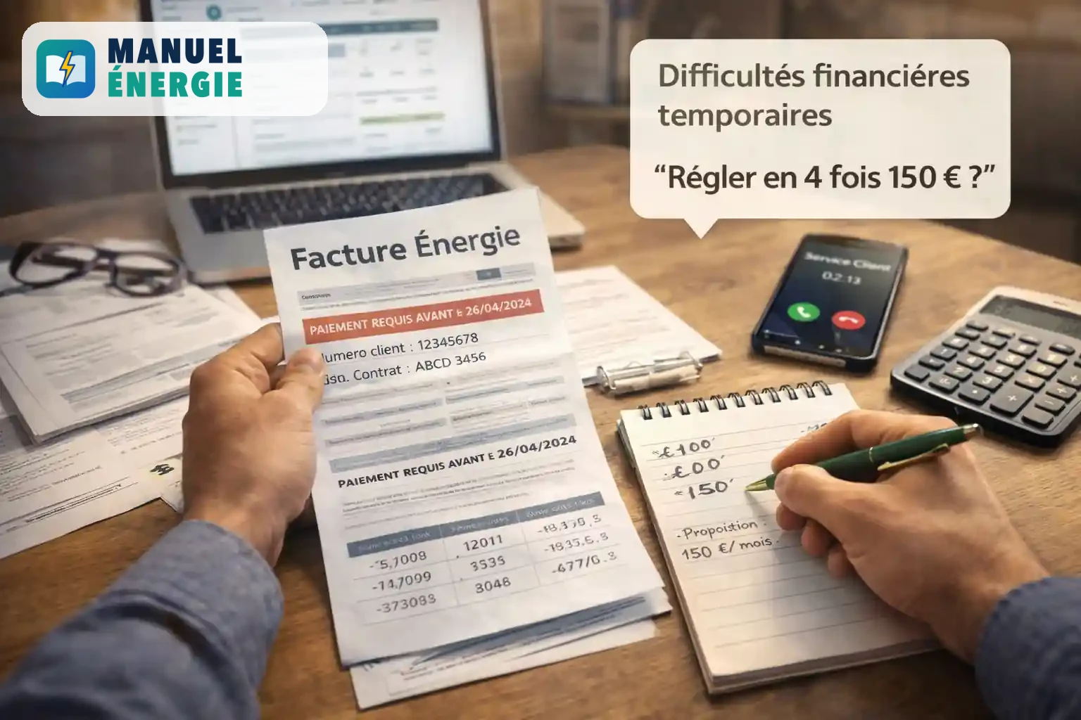 Préparation d’une demande d’échéancier de paiement pour une facture d’énergie avec documents, téléphone et proposition de mensualité