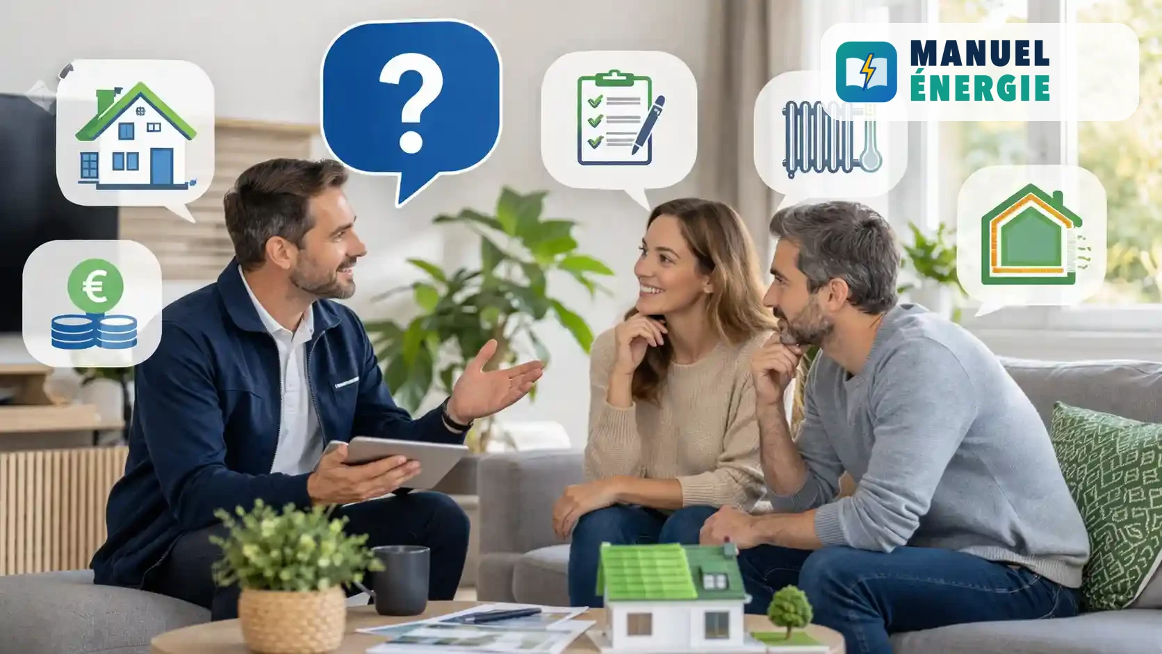 Expert répondant aux questions d’un couple sur les aides à la rénovation énergétique avec icônes pédagogiques