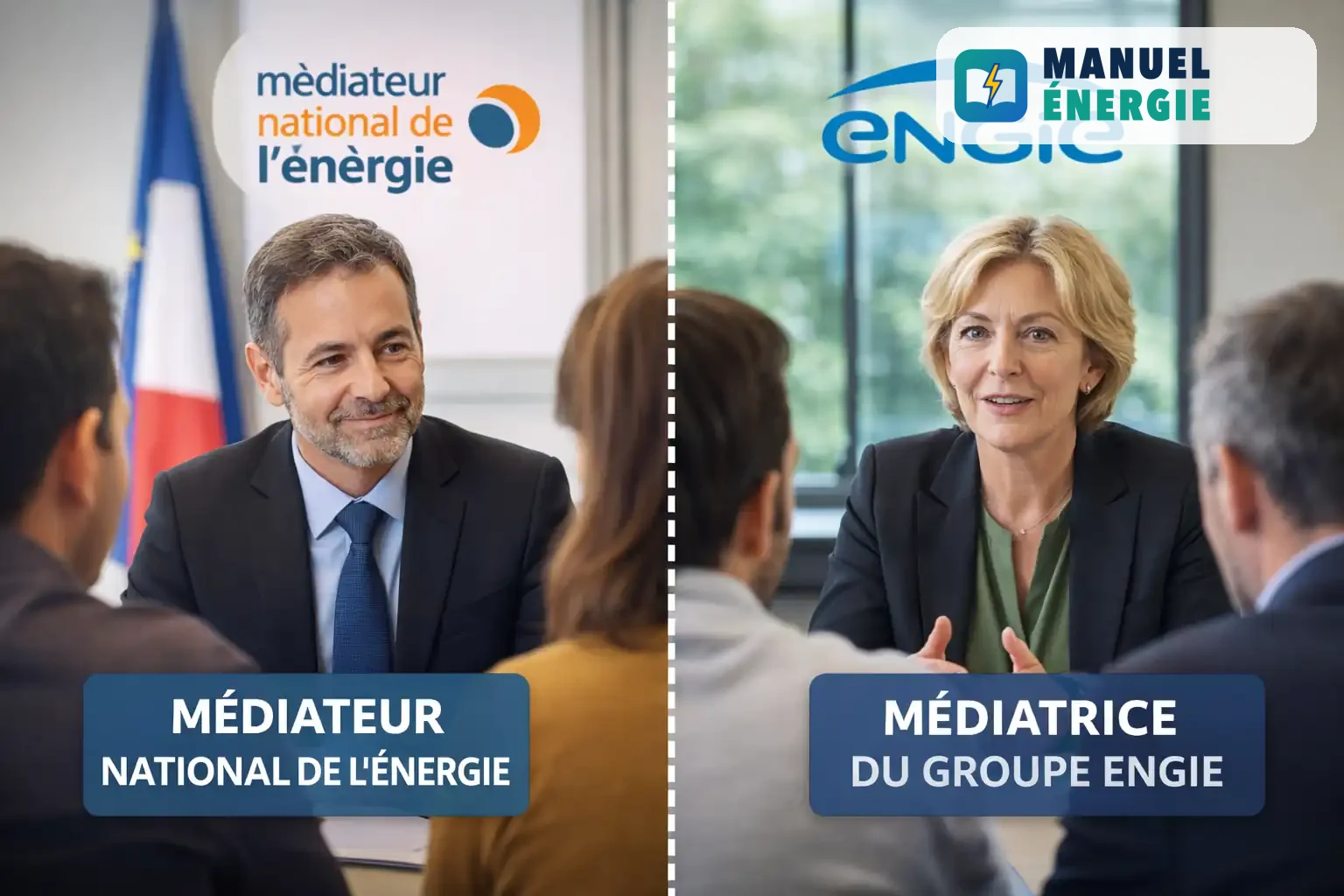 Médiateur de l’énergie et médiatrice Engie en rendez-vous avec des clients pour traiter un litige énergétique