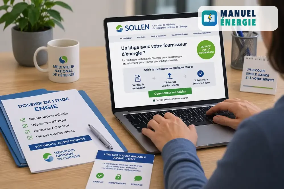 Saisine du médiateur national de l’énergie en ligne sur SOLLEN avec dossier de litige et pièces justificatives