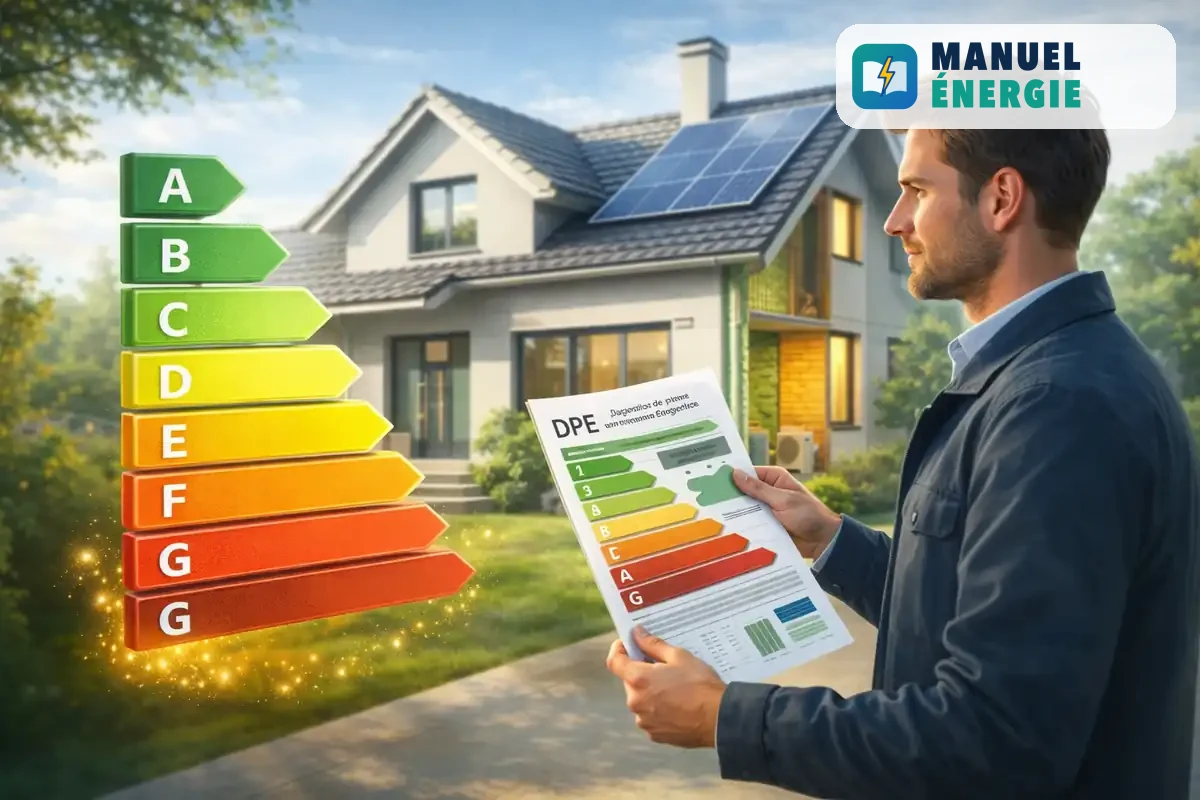Expert immobilier présentant un diagnostic de performance énergétique DPE devant une maison moderne