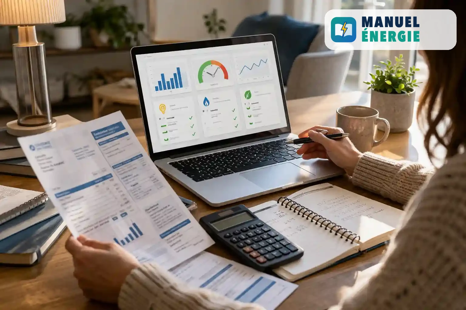 Comparatif des offres et tarifs Engie sur ordinateur avec factures et calculatrice