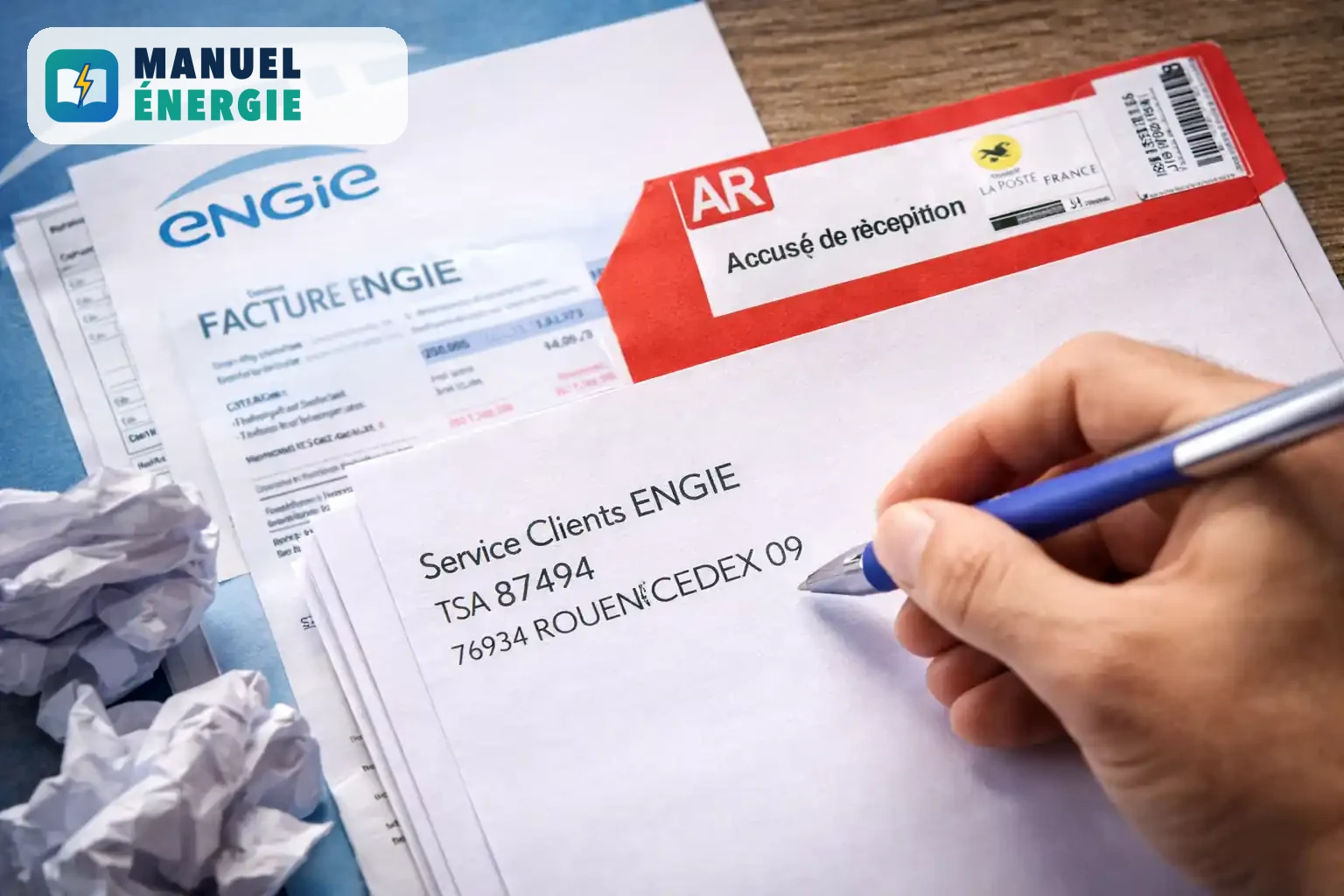 Rédaction d’une réclamation écrite au service client Engie avec facture et courrier recommandé