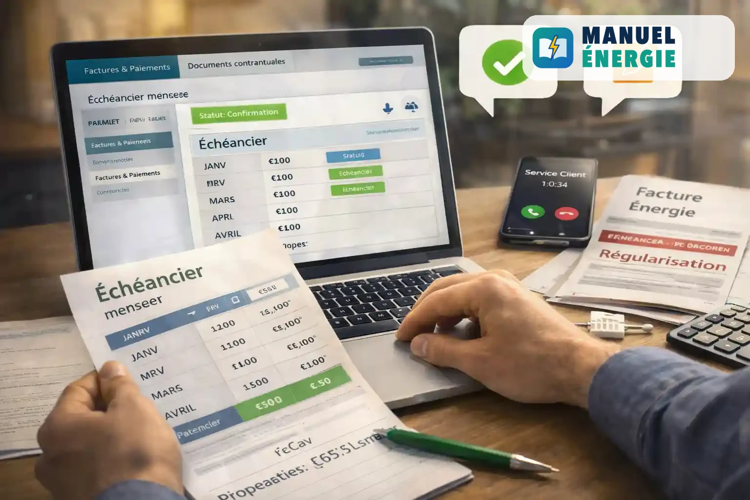 Consultation et téléchargement d’un échéancier de paiement énergie depuis l’espace client avec demande de modification des mensualités