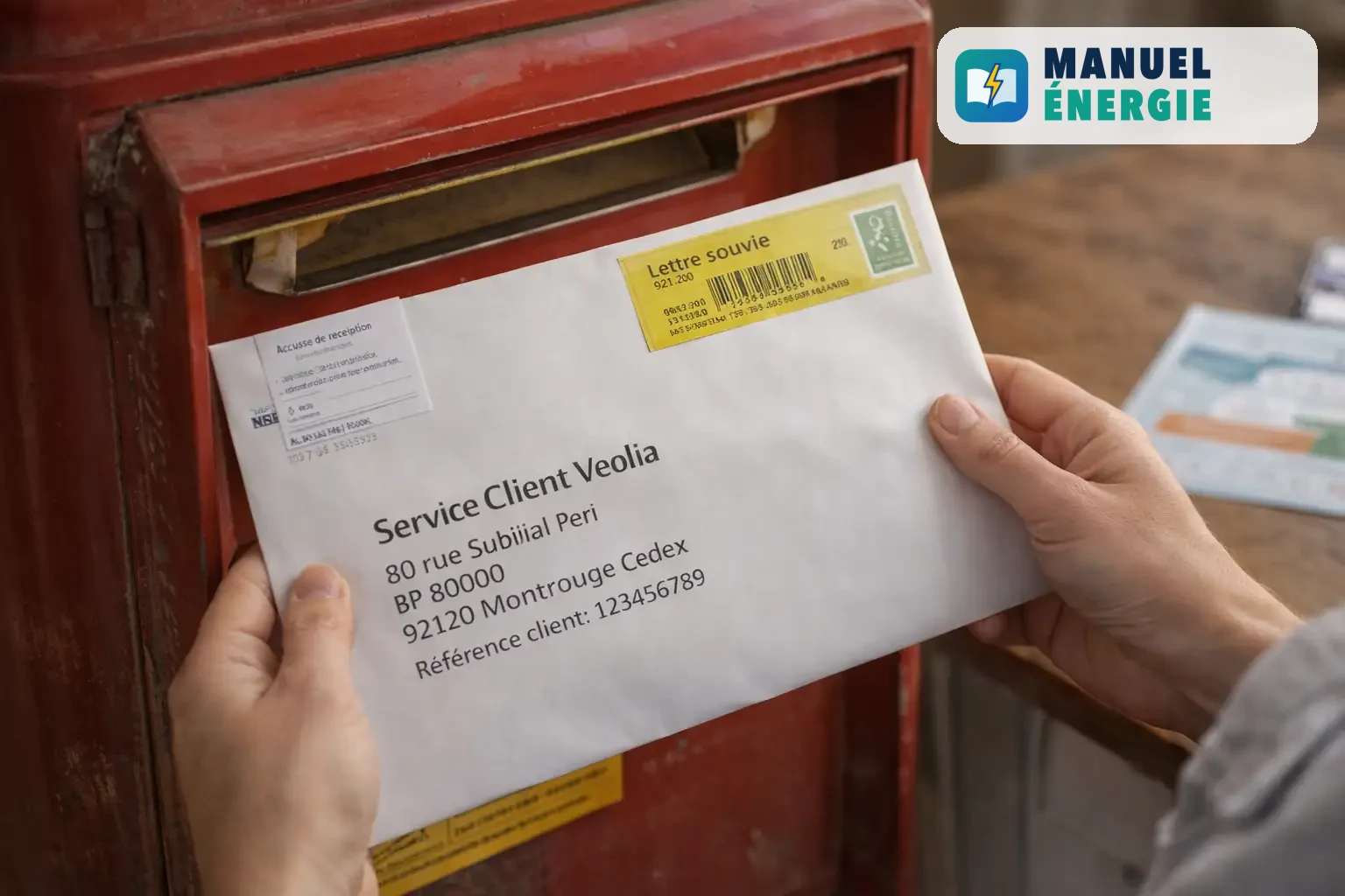Enveloppe de réclamation adressée au service client Veolia, prête à être envoyée par courrier recommandé