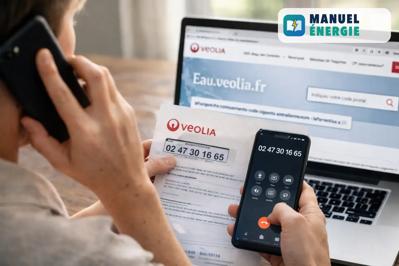 Personne consultant une facture d’eau Veolia et appelant le service client par téléphone depuis son domicile