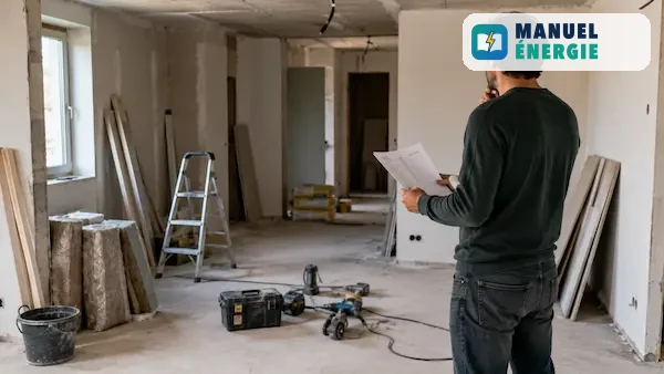 Travaux de rénovation arrêtés avec outils au sol et personne hésitante tenant un document administratif
