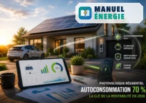 Maison équipée de panneaux solaires avec tableau de bord énergétique illustrant une autoconsommation de 70 %, clé de la rentabilité photovoltaïque en 2026.