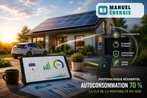 Maison équipée de panneaux solaires avec tableau de bord énergétique illustrant une autoconsommation de 70 %, clé de la rentabilité photovoltaïque en 2026.