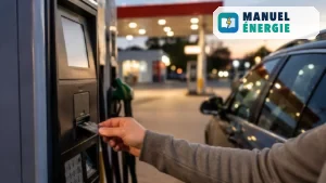 Paiement par carte bancaire sur une pompe automatique avant un plein d'essence avec préautorisation bancaire.