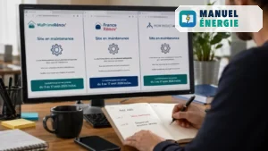 Écran d'ordinateur affichant les plateformes MaPrimeRénov', France Rénov' et Mon Projet Anah en maintenance pendant qu'un propriétaire note les dates de fermeture sur son agenda. 