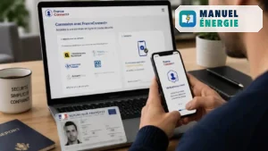 Utilisateur validant son identité numérique avec FranceConnect+ sur smartphone devant un ordinateur, avec une carte nationale d'identité posée sur le bureau pour accéder aux démarches MaPrimeRénov'