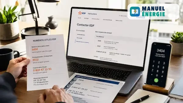 Numéros officiels EDF dont le 3404 affichés sur ordinateur et smartphone