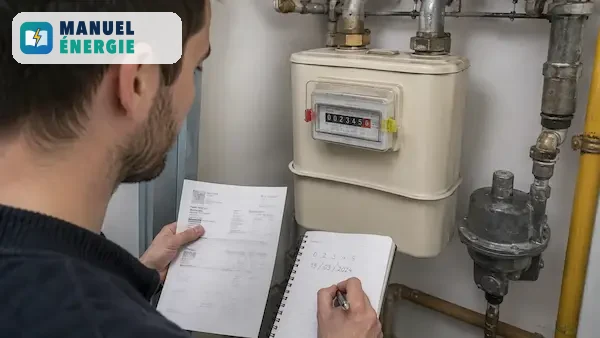 Personne relevant un compteur de gaz mécanique et notant l’index de consommation