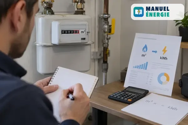 Relevé d’un compteur de gaz et conversion des m³ en kWh pour vérifier la consommation facturée