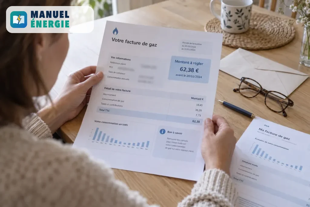Facture de gaz montrant où trouver le numéro PCE du logement