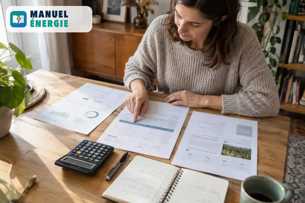Personne comparant une facture et une grille tarifaire pour trouver le prix du kWh