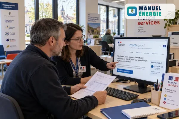 Conseillère France Services accompagnant un automobiliste dans ses démarches pour l’aide carburant de 100 € sur impots.gouv.fr