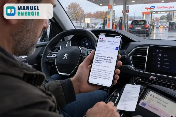 Conducteur consultant Service-Public sur son smartphone pour vérifier le versement automatique de l’aide carburant de 100 €.