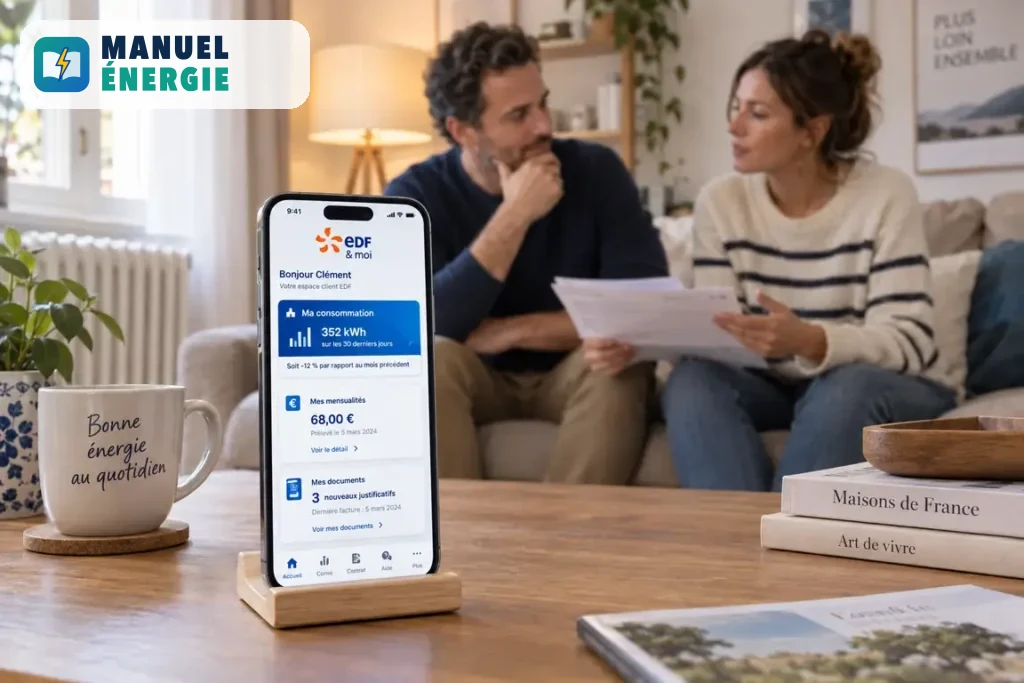Application EDF & Moi sur un smartphone affichant la consommation, les mensualités et les justificatifs, devant un couple dans son salon.