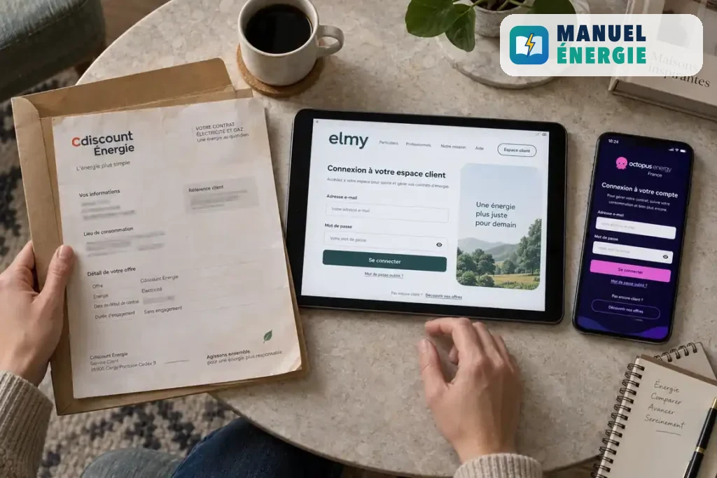 Document Cdiscount Énergie à côté des pages de connexion elmy sur tablette et Octopus Energy sur smartphone