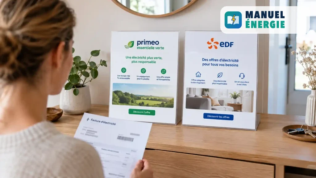 Comparatif des offres d’électricité Primeo Essentielle Verte et EDF dans une entrée de maison