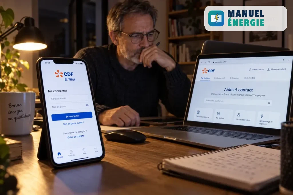 Homme consultant l’aide EDF sur ordinateur et l’écran de connexion EDF & Moi sur smartphone pour résoudre un problème d’accès