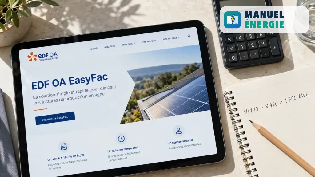 Service EasyFac EDF OA sur tablette, avec une calculatrice et un carnet pour vérifier la production solaire en kWh avant facturation.