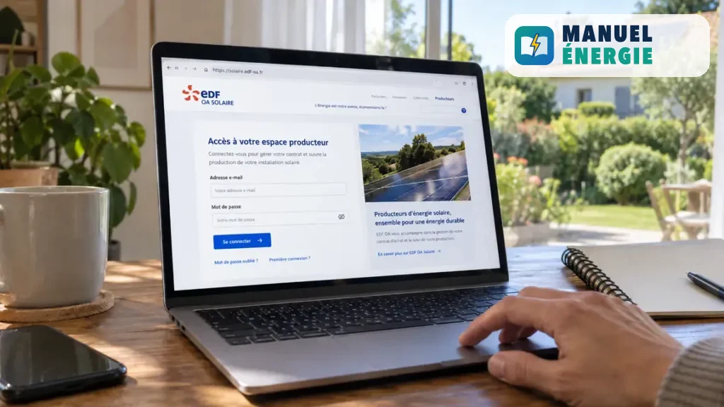 Connexion à l’espace producteur EDF OA Solaire sur un ordinateur portable, avec une toiture photovoltaïque en arrière-plan