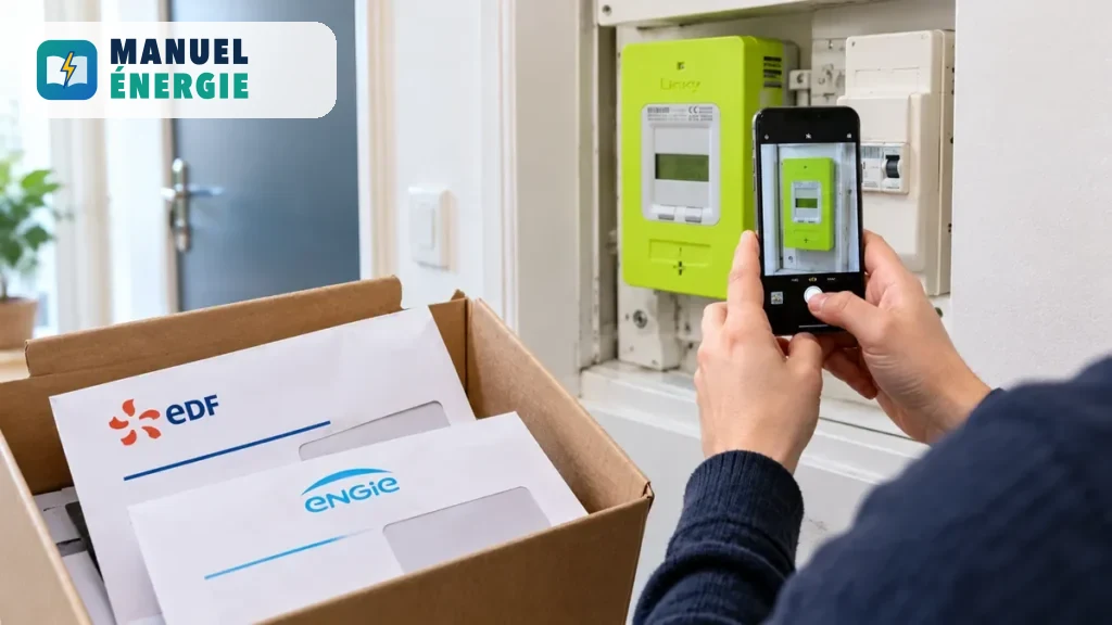 Relevé du compteur Linky lors d’un déménagement avec smartphone et documents de facturation EDF et ENGIE