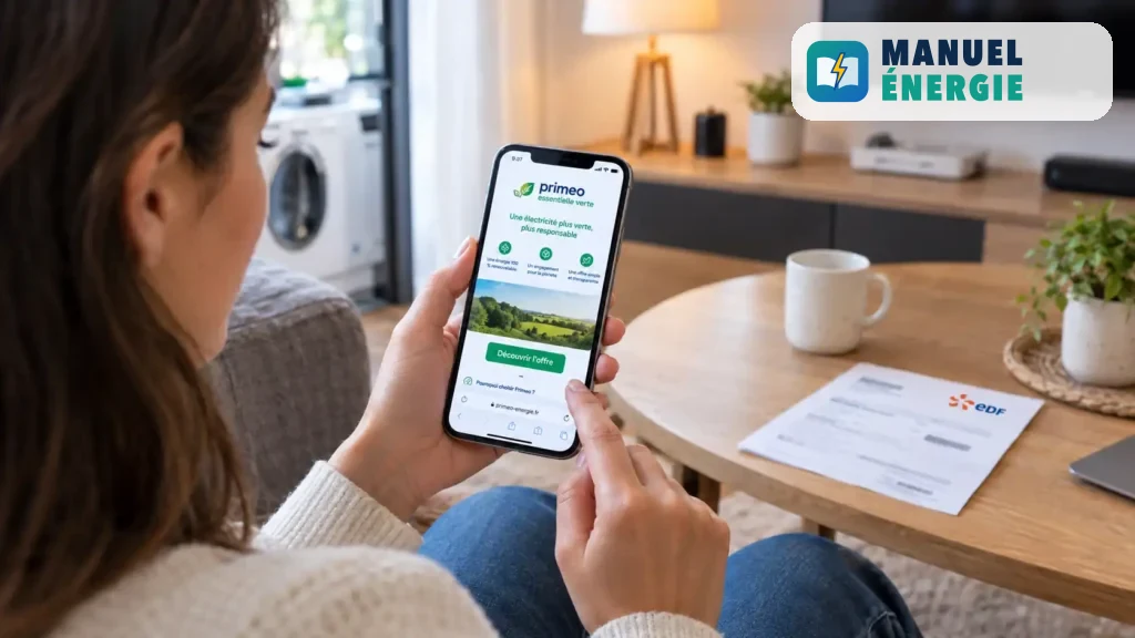 Une personne consulte une offre d’électricité Primeo sur son smartphone à côté d’une facture EDF dans son salon